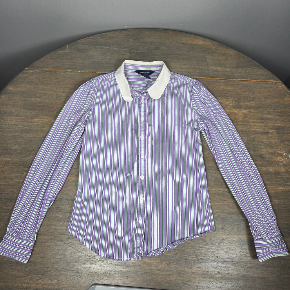 Ralph Lauren Girls 12 Striped Cotton Button Up Shirt Purple Green White Preppy